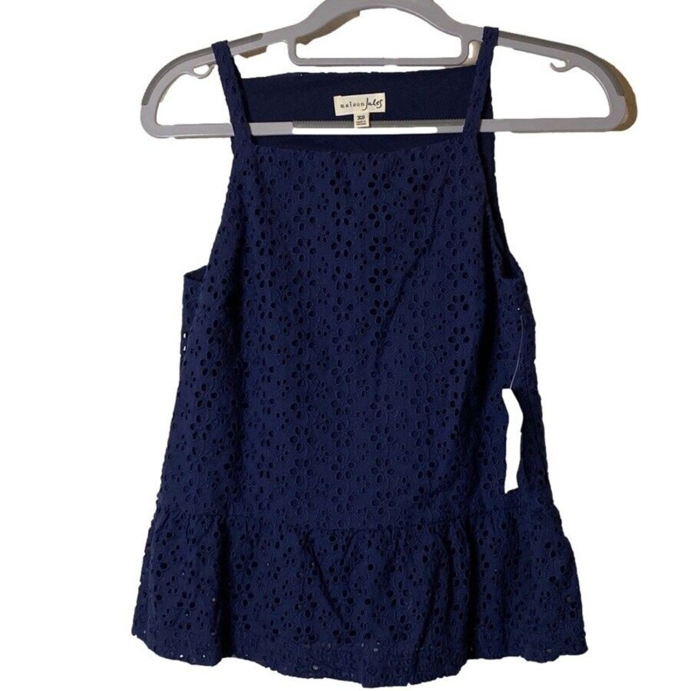 NWT MAISON JULES Eyelet Camisole Peplum Top - Sz XS - Blue Crochet Elegance